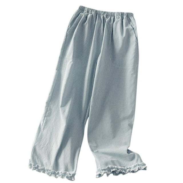 MeetoTime Womens Pajama Pants Checkered Elastic Waist Casual Ruffled Home Long Pants with Pocket