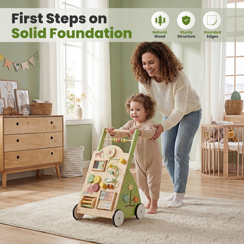 Gianna Wooden Baby Walker for First Steps, Adjustable Speed Push Walker with Montessori Activity Center, Silent Wheels Baby Walking Toys (Green)