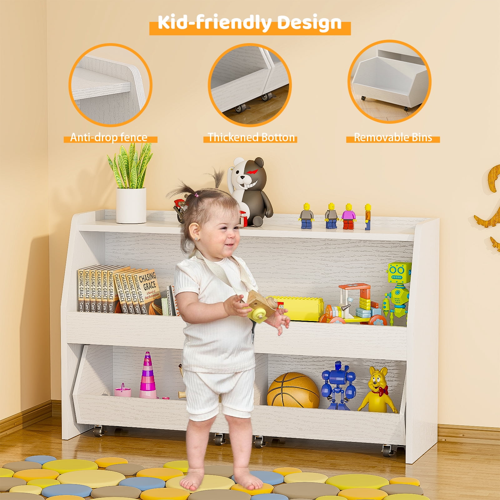 2-Tier Toy Storage, Portable Kids Toy Organizer 2 Removable Drawers Bins with 4 Wheels White