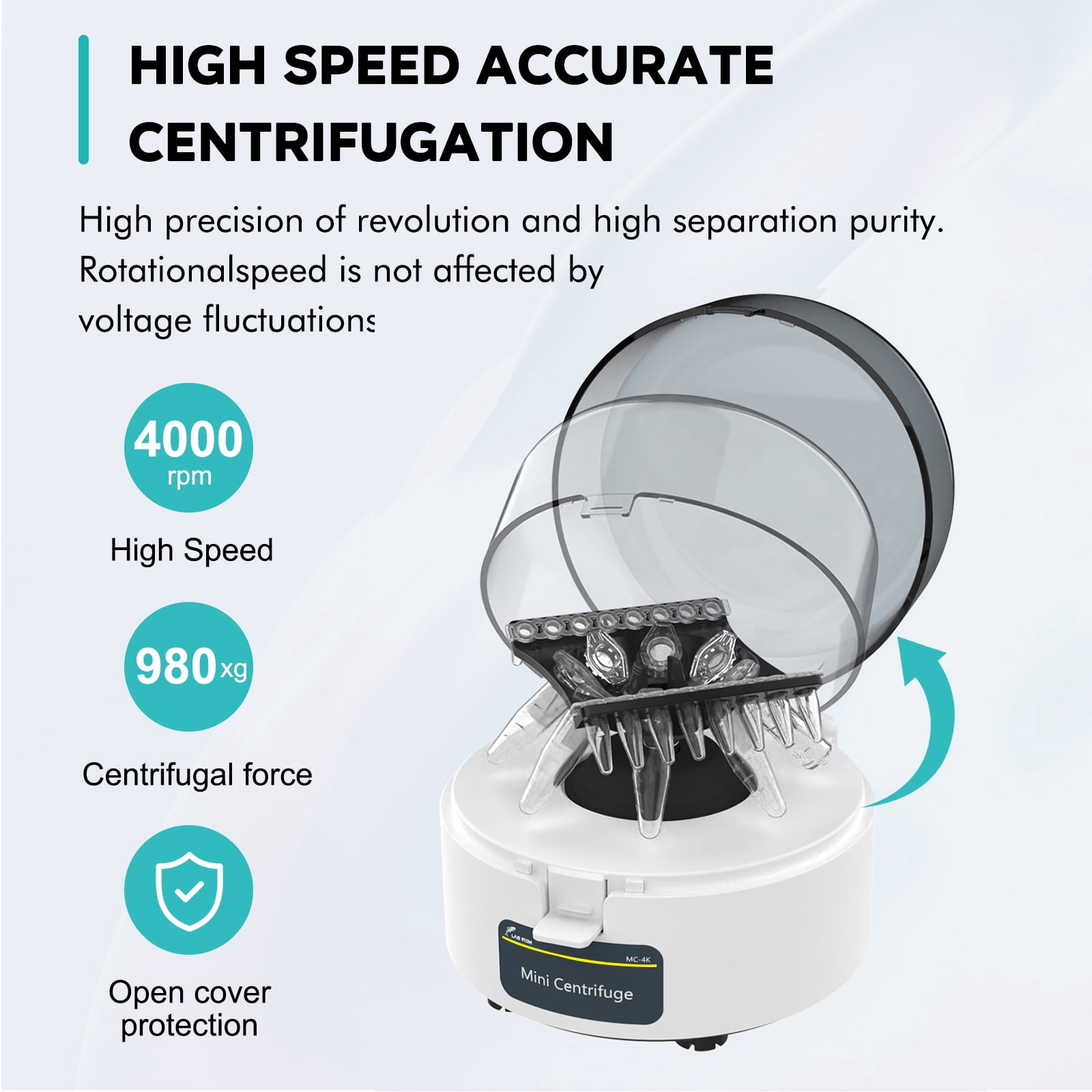 LAB FISH MC-4K Mini Centrifuge Machine 4000 RPM, 980xg RCF, with 2-in-1 Rotor for 0.2/1.5/2ml Tubes, Low-Noise Brushless Motor, Portable Lab Centrifuge