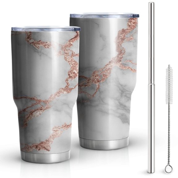 30oz Gray Rose Gold Marble Pattern Tumblers Stainless Steel Tumbler with Lid and Straw,Vacuum Insulated Double Wall Travel Tumbler Cups Mug with Cleaning Brush for Coffee,Tea