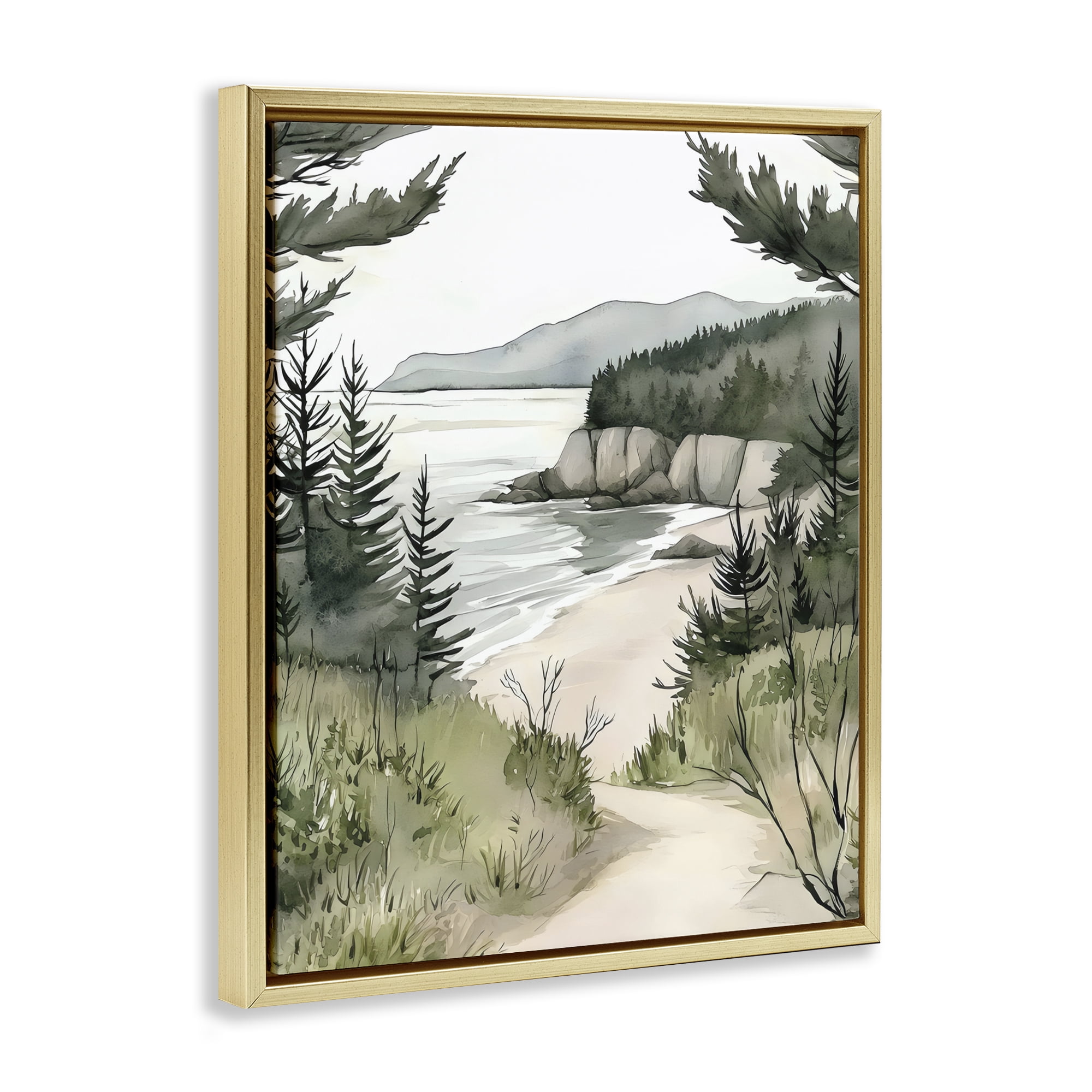 Stupell Industries Coastal Calm Winding Path Gold Framed Floater Canvas Wall Art, design by Riley B