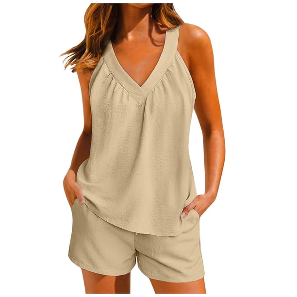 jersey suelto con cuello en v de color sólido para mujer top casual sin mangas con pantalones cortos con bolsillos beige / xl