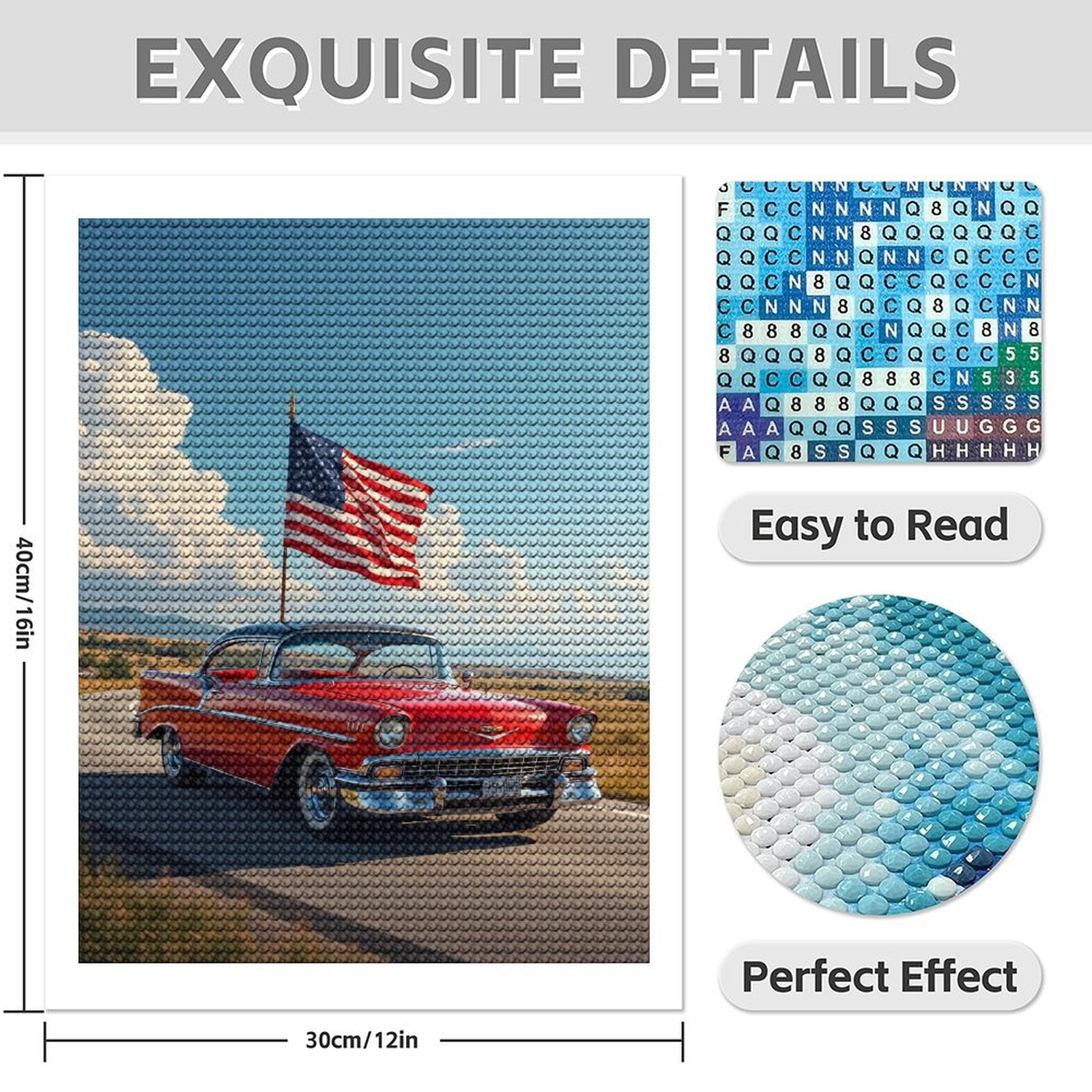 Diamond Art Kits for Adults - 5d Vintage Red Car American Flag Diamond Painting for Adults, Diamond Art for Adults Beginners, Diamond Painting Kits for Adults for Home Wall Decor