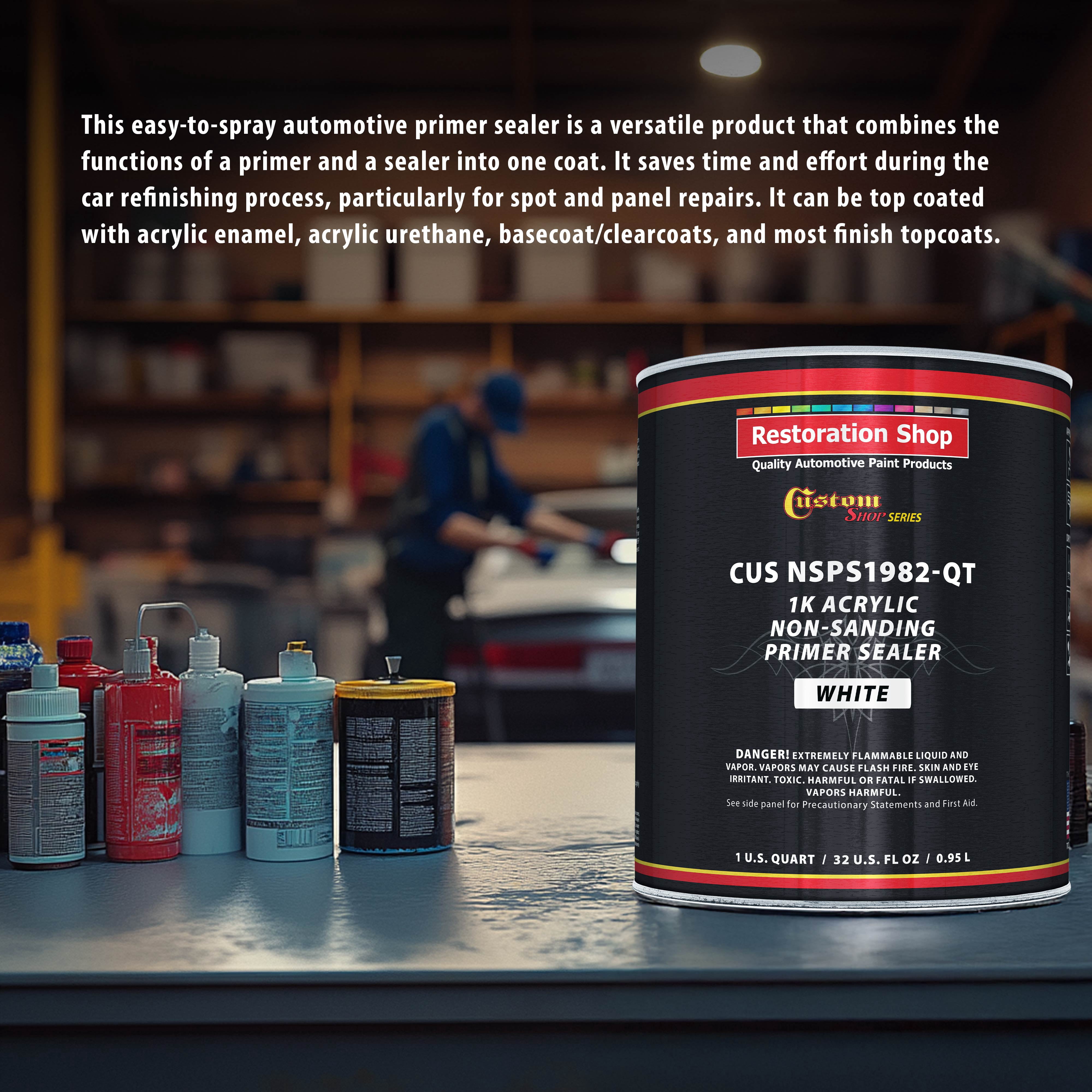 Custom Shop Premium 1K Acrylic Non-Sanding Primer Sealer Paint, Color White, 1 Quart - Fast Drying, Ready-To-Spray, Apply Over Automotive Primer Surfacers, Sanded Finishes - Topcoat Urethane, Enamel
