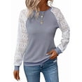 thumbnail image 3 of Women'S Solid Color Lace Trim Long Sleeve T-Shirt Round Neck See Through Casual Elegant Top Light Gray XL, 3 of 9