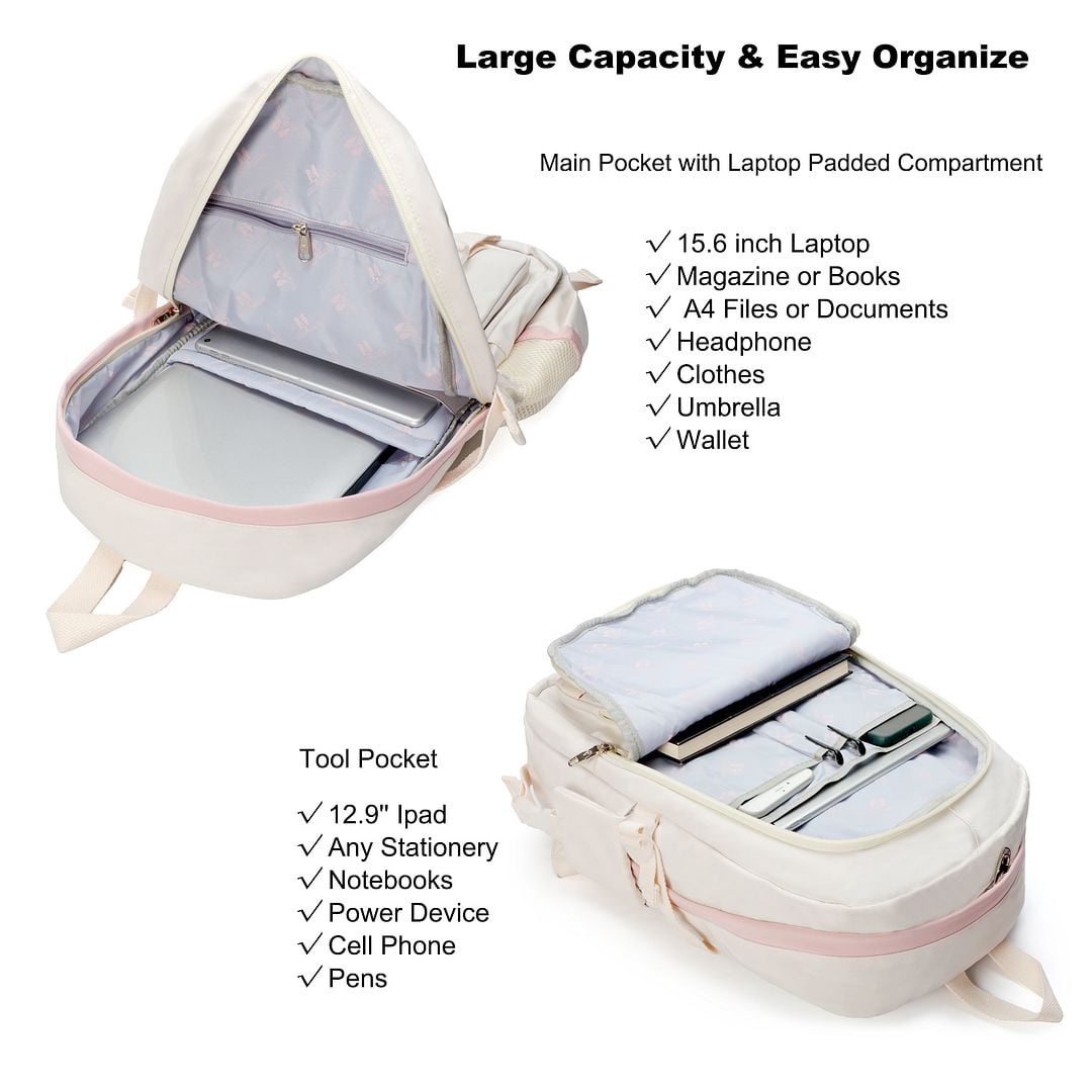 AO ALI VICTORY Laptop Backpacks 16 Inch School Bag College Backpack Large Travel Daypack Kawaii Bookbags for Teens Girls Women Students (White)