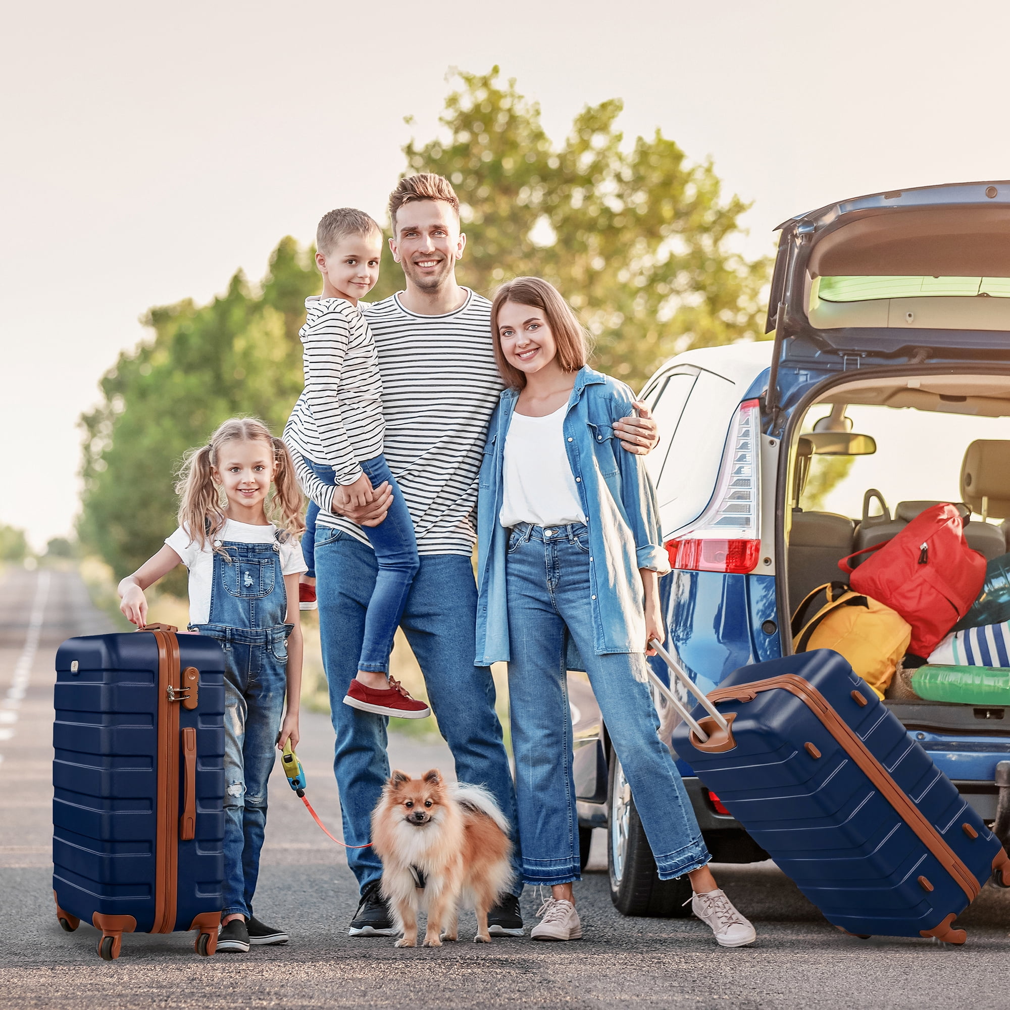 Gowill 6 Piece Luggage Sets,13/20/24/28 inch Hardside Lightweight ABS Suitcase With Expandable Duffle Bag (Navy Blue Tan)