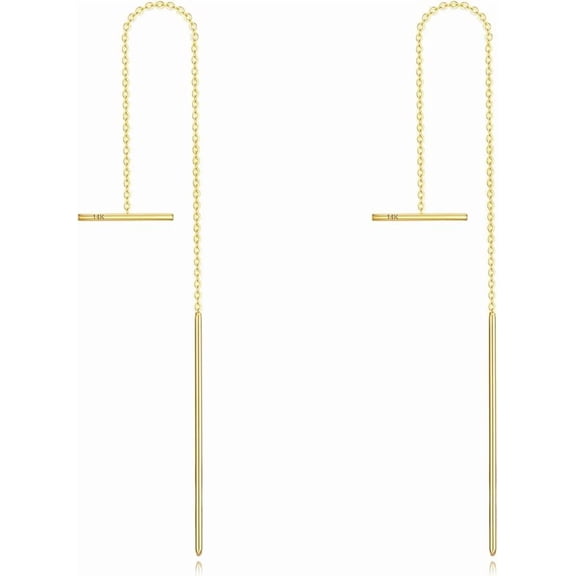 Threader Earrings 14k Solid Gold Bar Pull Through Long Piercing Earrings Ear Line Eardrop Jewelry for Women