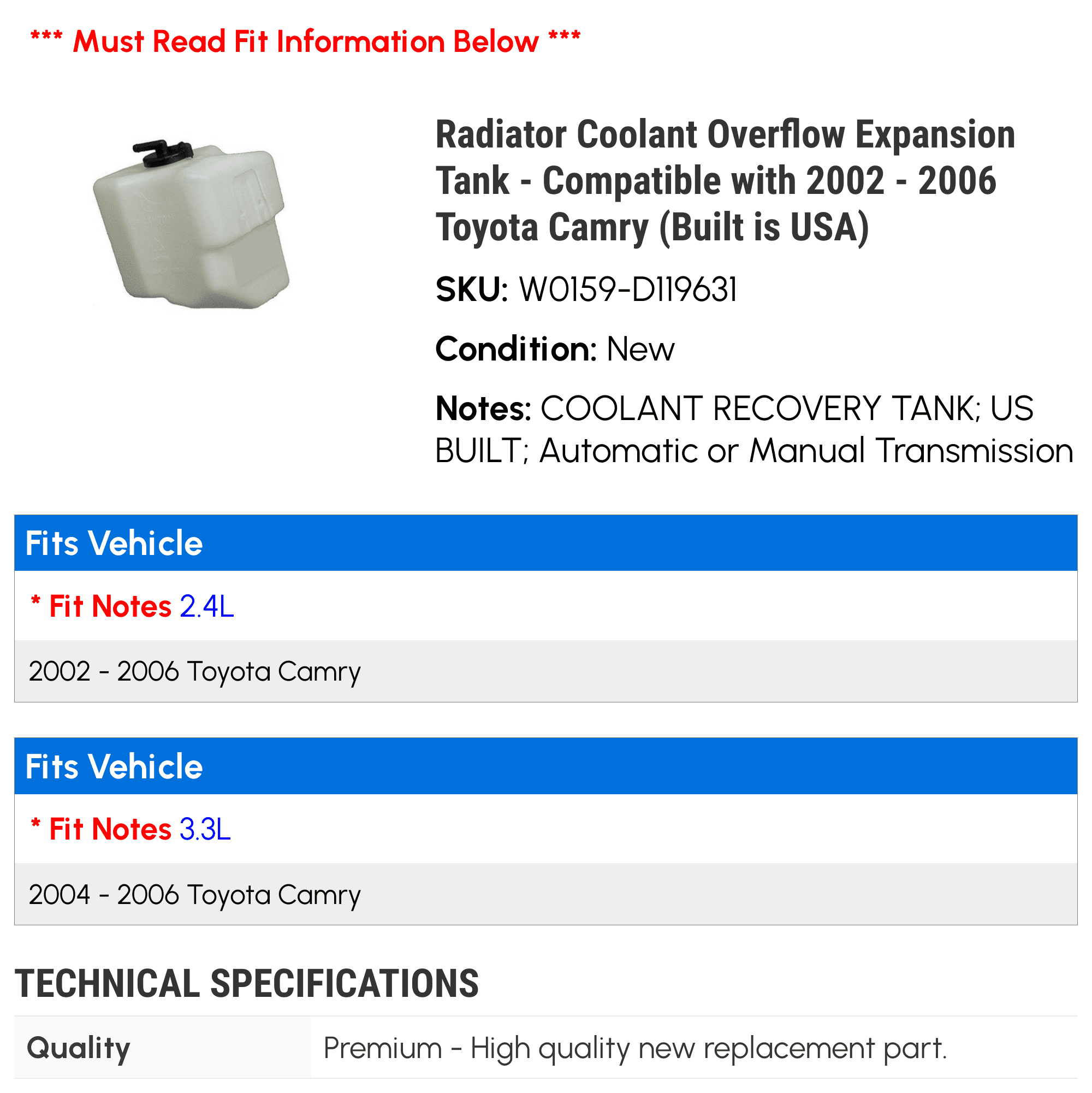Radiator Coolant Overflow Expansion Tank - Compatible with 2002 - 2006 Toyota Camry (Built is USA) 2003 2004 2005