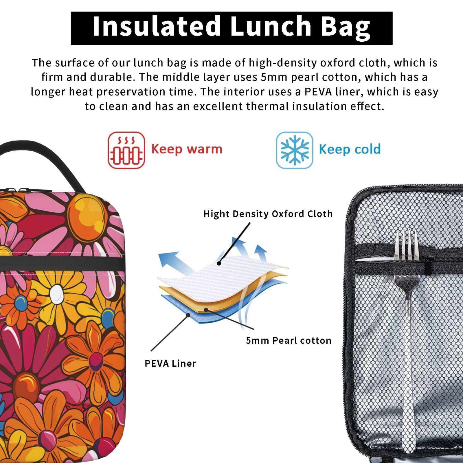 Lunch Bag For Women Men Insulated Portable Lunch Box Bento Box Office Picnic Travel Cooler Bag Colorful Floral Pattern Groovy Flowers (3)
