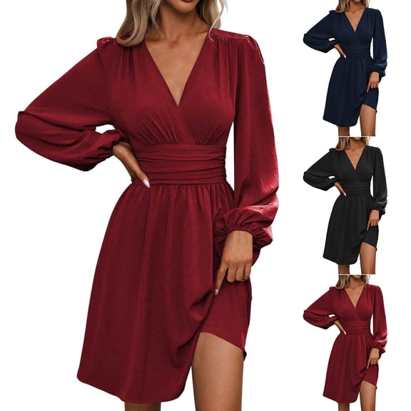 Women's Dress Long Sleeve V-Neck Solid Color Pleated Lantern Sleeve Versatile Midi Dress for Spring Fall Casual Office,Black,L