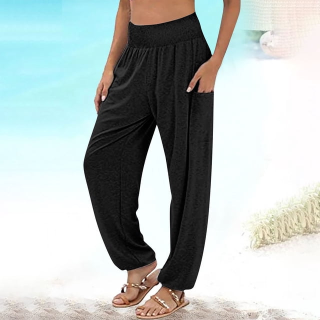 AherBiu Plus Size Womens Sweatpants High Waisted Stretch Lightweight Joggers Fall Solid Color Casual Trousers with Pockets