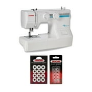 Janome MyStyle 100 Top-Loading Sewing Machine with 13 Built-In Stitches Snap On Presser Feet Bundle with Plastic Bobbins (23 Items)