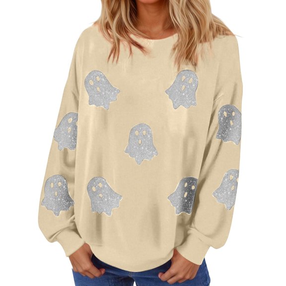 CONZONE Halloween Womens Sweatshirts Sequin Ghost Graphic Oversized Sweatshirt for Women Spooky Season Fall Winter Pullover Tops