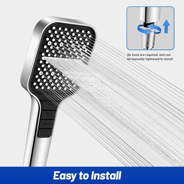 VEHHE Shower Head With 1.5M Hose – 7 Spray Modes, Rain Shower With Stop Button, Water-Saving Square Design, Adjustable 360° Bracket, Anti-Clog Nozzles (Silver)