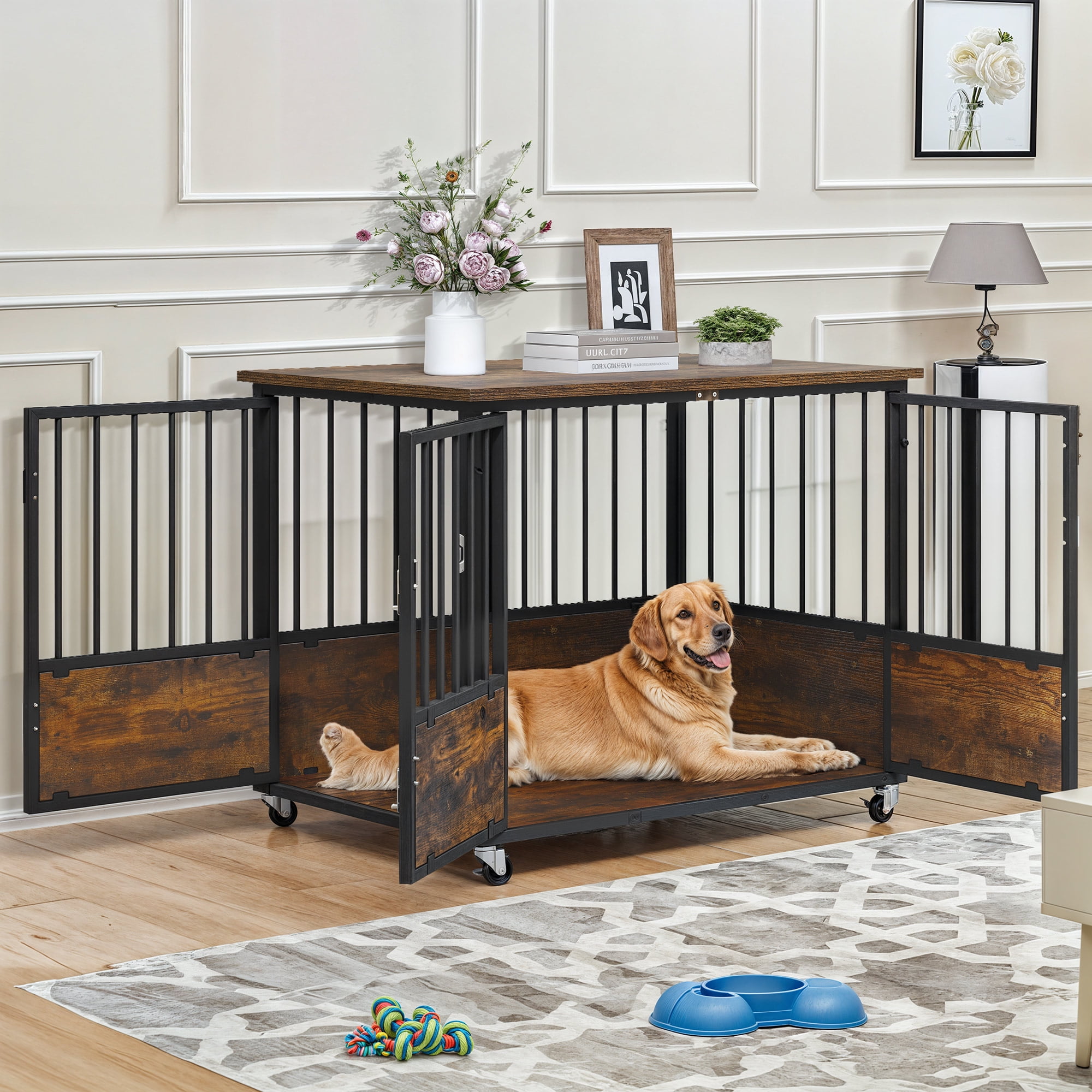 Uforic 38-Inch Wooden Dog Crate Furniture with Wheels and Double-Doors,Dog Kennel,Dog Cage for Indoor - Rustic Brown