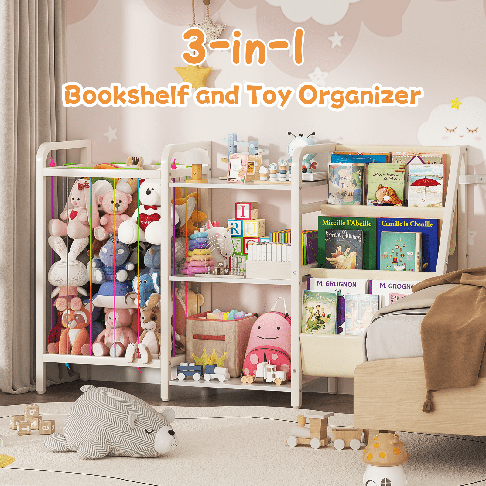 B1 Bookshelf and Toy Storage, 3-Tier Book Shelf for Rooms, Sling Baby Bookcase with Stuffed Animal Storage, Montessori Toddler Bookshelf for Nursery, Bedroom, Playroom Burlywood