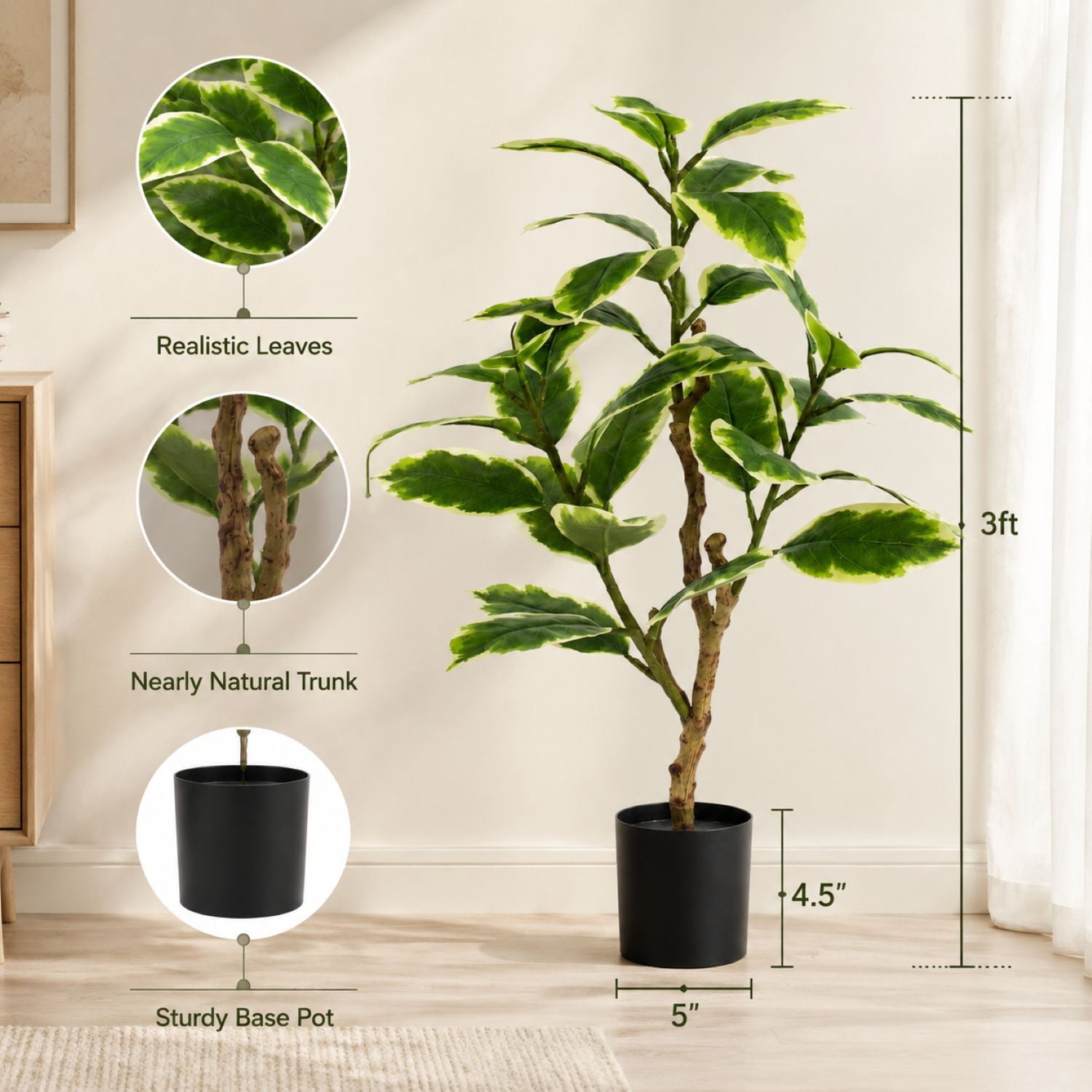 Easy4Home 3FT Artificial Variegated Rubber Plant Faux Ficus Elastica Tineke Tree Potted Indoor Floor Plant - Ready to Display