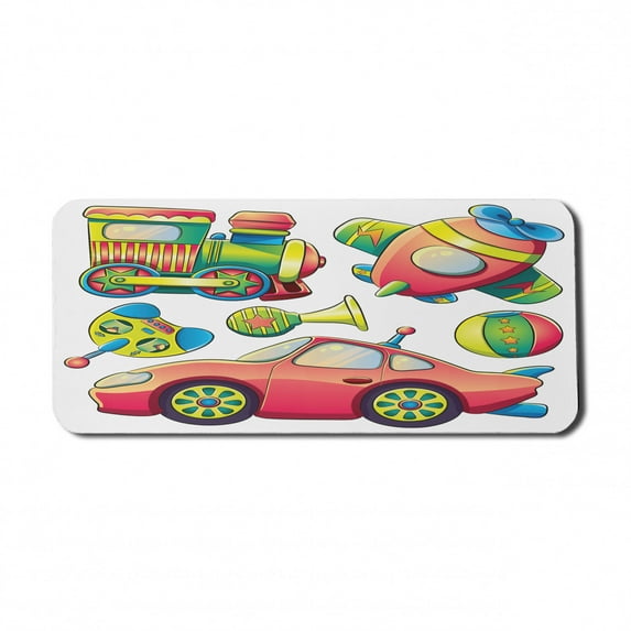 Cartoon Computer Mouse Pad, Funny Transportation Toys with Train Car Airplane Horn Balls Auto Tire, Rectangle Non-Slip Rubber Mousepad X-Large, 35" x 15" Gaming Size, Multicolor, by Ambesonne