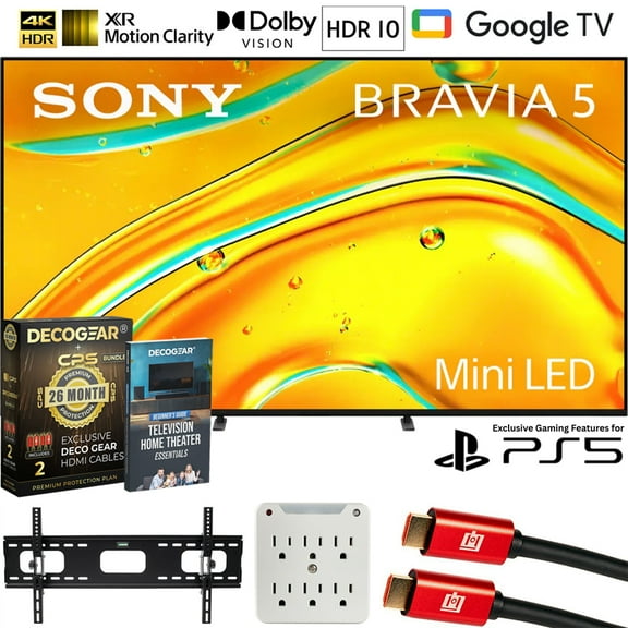 Sony K75XR50 BRAVIA 5 75" Mini LED 4K HDR TV (2025) Bundle with CPS Exclusive 26 Month Protection, Wall Mount, 2x HDMI Cables, Surge Adapter & Deco Gear Complete Home Theater Beginner's Guidebook