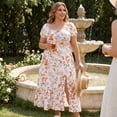 thumbnail image 3 of GRACE & GRANDEUR Women's Plus Size Floral Dress Tie Square Neck Smocked Waist Short Sleeve Side Slit Beach A Line Maxi Dresses 3X White, 3 of 8