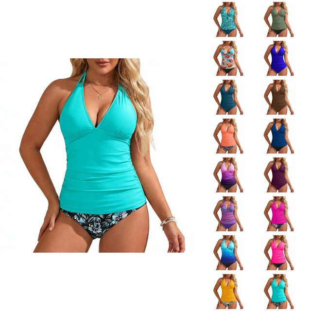 Womens Tankini Swimsuits Fashion Deep V Neck Slimming Tummy Control with High Waisted Bottom Two Piece Bathing Suits Woman
