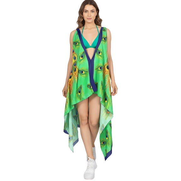 LA LEELA Women's Tropical Beach Loose Casual Summer Tops Swimwear Cover Ups Duster Kimono Cardigan for Women L-XL Sea, Peacock Feathers