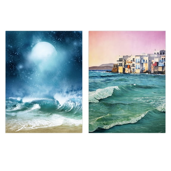 Pack of 2 Sea Shore Waves Seaside Coastal Town Landscape Oil Painting Unframed Wall Art Living Room Prints Set
