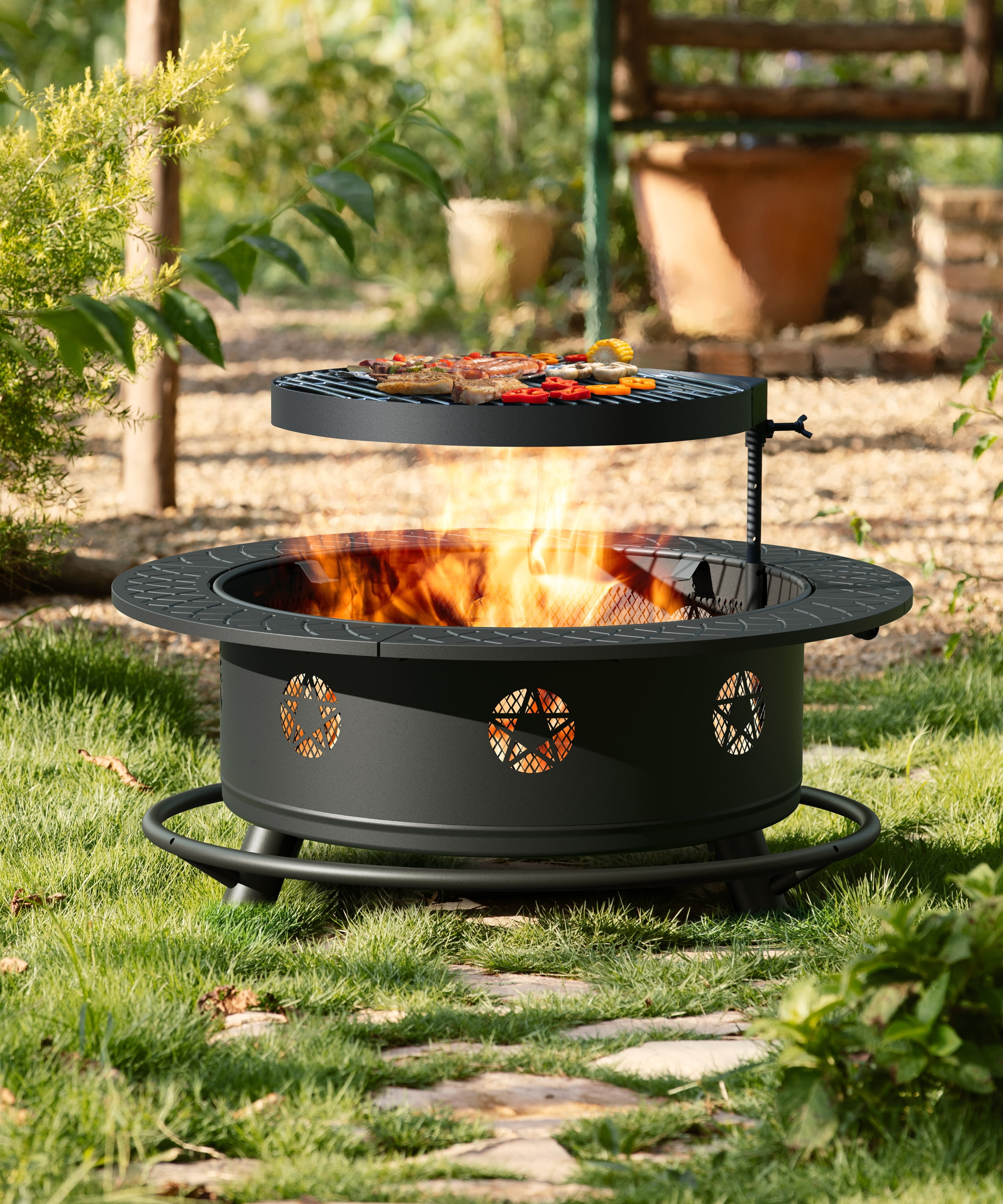 TVOFEK 35 inch Fire Pit with BBQ Grill, Wood Burning FirePits with Lid, Fire Poker and Cooking Grate for Backyard, Patio, Bonfire, Picnic
