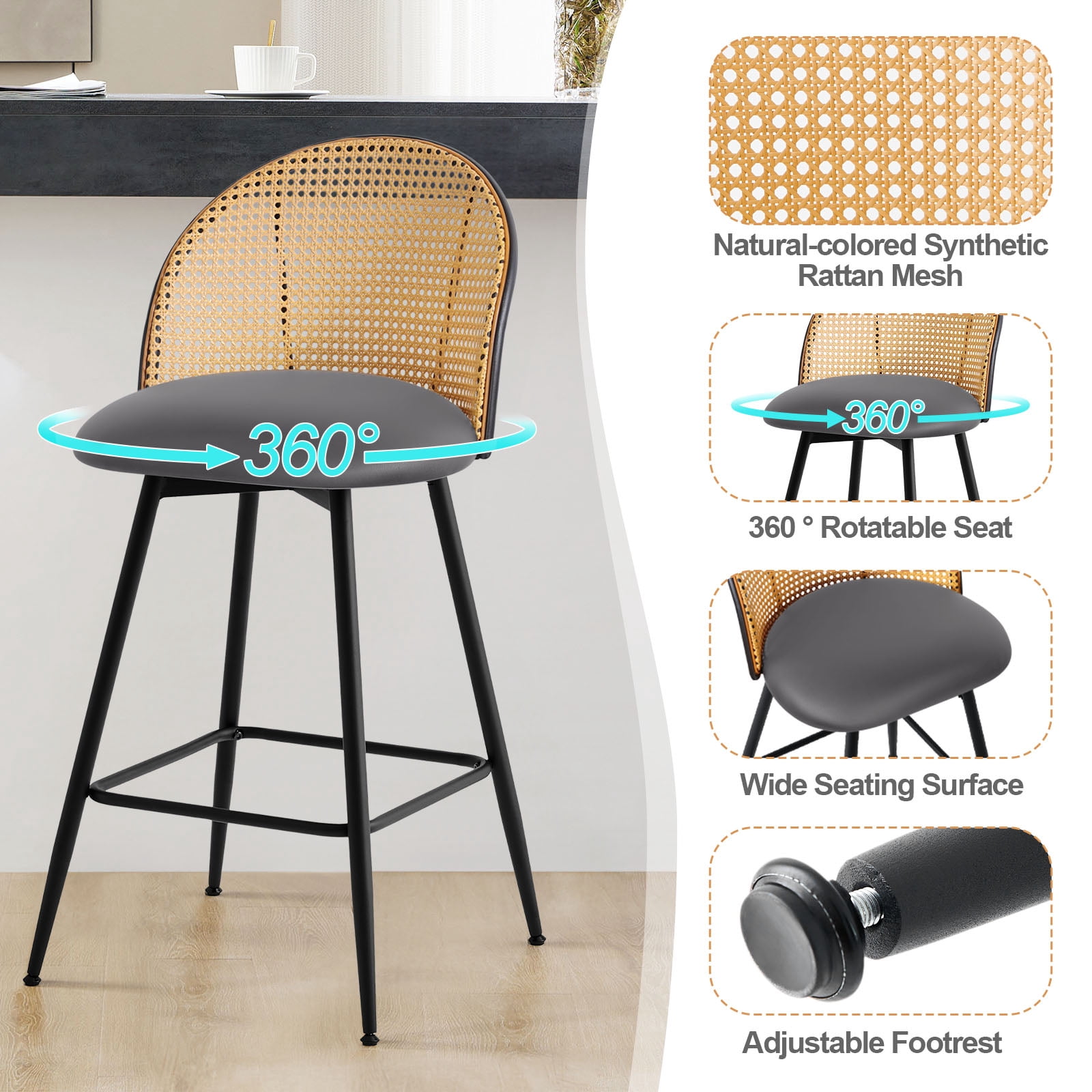 ANMINY Rattan Swivel Bar Stools, 26" Counter Height Set of 4, Upholstered Chairs Barstools with Full Back and Metal Legs Modern PU Fabric Seat for Kitchen Island