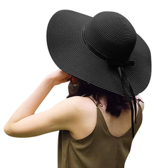 Sun Hats for Women, Large Wide Brim Bowknot Straw Hats, Adjustable Foldable Packable Cap, Block Out the Summer Sun and UV Light, Summer Beach Hat, Black