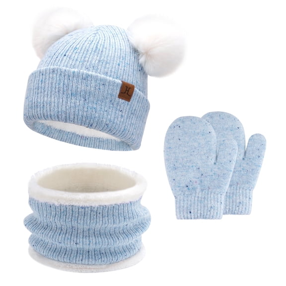 FZ FANTASTIC ZONE Toddler Infants Kids Winter Hats Gloves Scarfs Set Pompom Beanie Caps Mittens Neck Warmer with Fleece for 0 6 12 18 Months 1 2 3 4 Years Old Baby Girls Boys Gifts, Blue