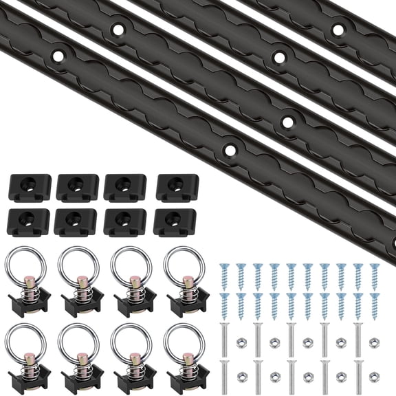 Sinekong L Track Tie Down Rails Kit 4 Pack, 48" (4ft) Black Aluminum L Track Rails with 8 O-Ring & Mounting Screws, Heavy Duty L Track System for Truck Bed, Trailer, ATV, UTV & Cargo Management