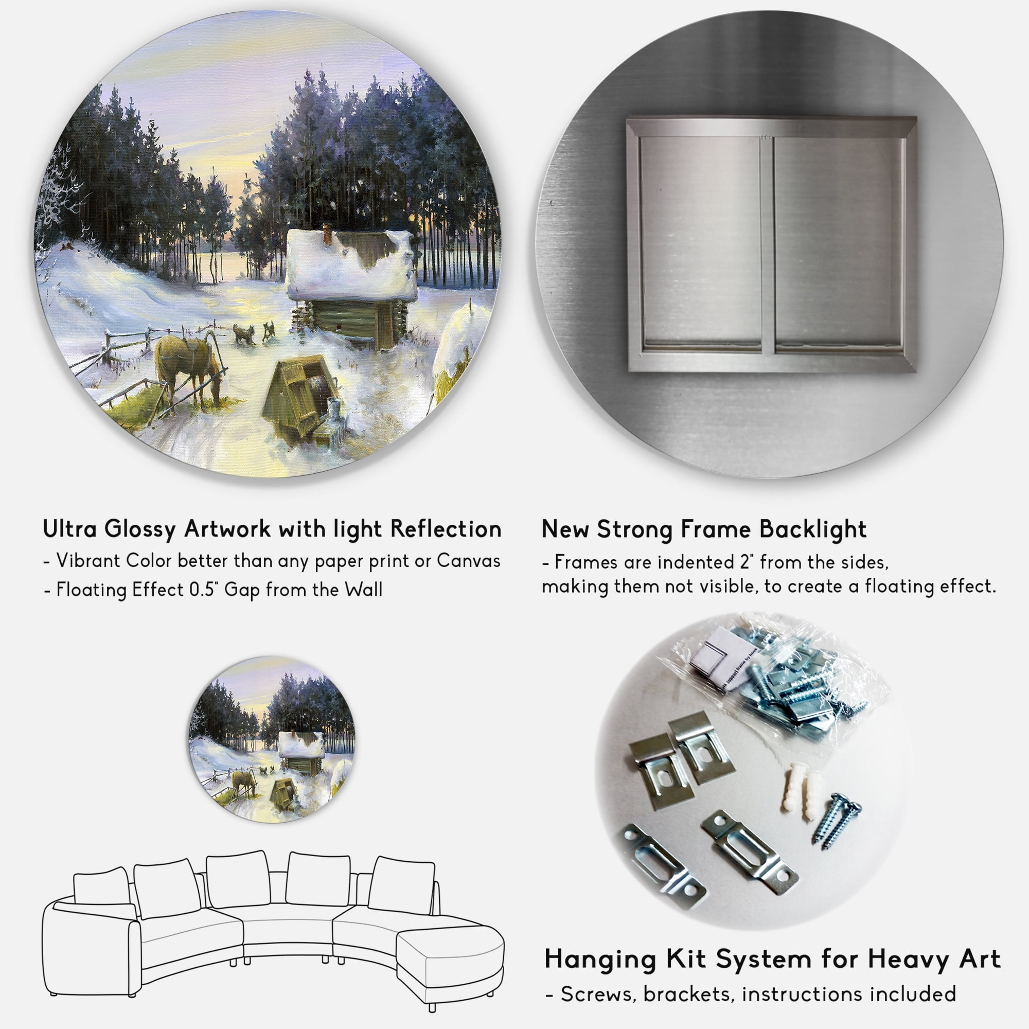Designart 'Cottage Covered In Snow With Winterscene' Country Circle Metal Wall Art 11x11 - Disc of 11