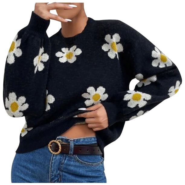 Gibobby Suéter elegante Sexy Mujeres y niñas invierno y otoño y primavera Floral lindo patrón de cabeza de Papá Noel suéter de punto y suéter de punto (Negro, S)