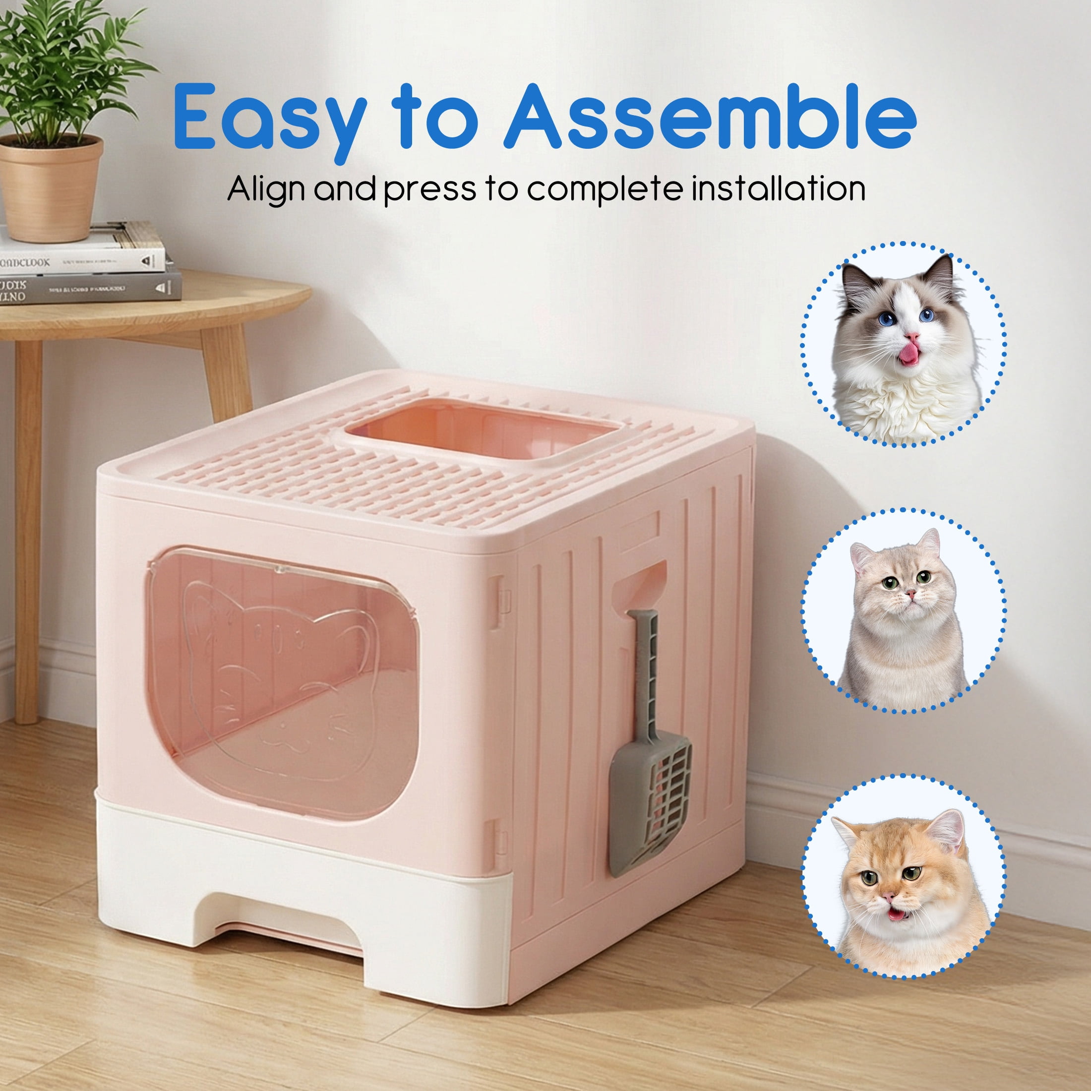 EDX Large Foldable Cat Litter Box with Lid, Enclosed Anti-Splashing Cat Box with Litter Scoop, Front Entry Top Exit Kitty Litter Box with Door, Drawer Design, Easy Cleaning & Odor Control, Pink