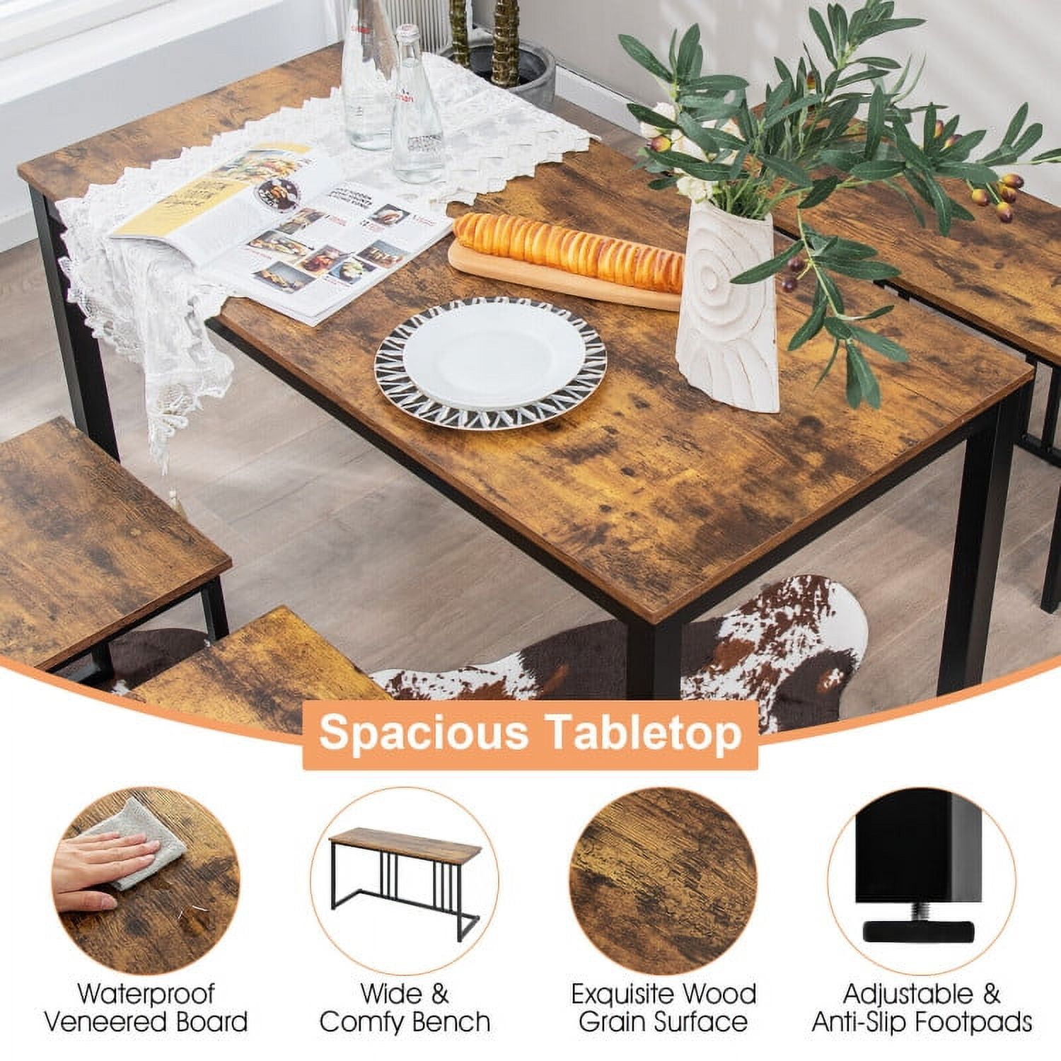 Finihen Dining Set, Dining Table Set, 4 Pieces Industrial Dining Table Set with Bench and 2 Stools, for Home, Restaurant, Brown Finihen Dining Set, Dining Table Set, 4 Pieces Industrial Dining Table Set with Bench and 2 Stools, for Home, Restaurant, Brown