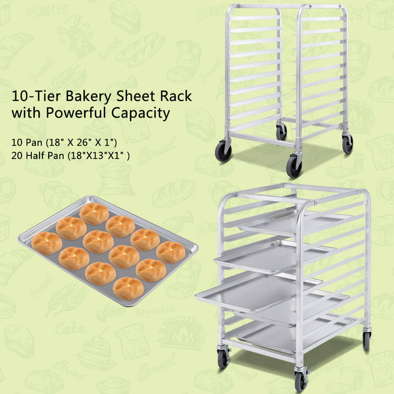 Costway 10 Sheet Aluminum Bakery Rack Silver Commercial Cookie Bun Pan  Kitchen W/Wheel 
