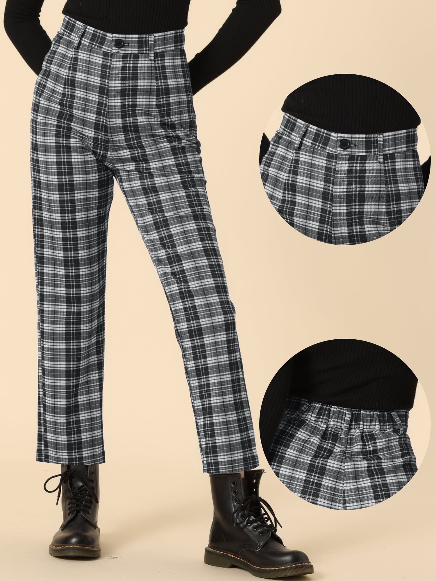 DARING DIVA Women's Plaid Trousers Button Tartan Check Work Pants L Black White