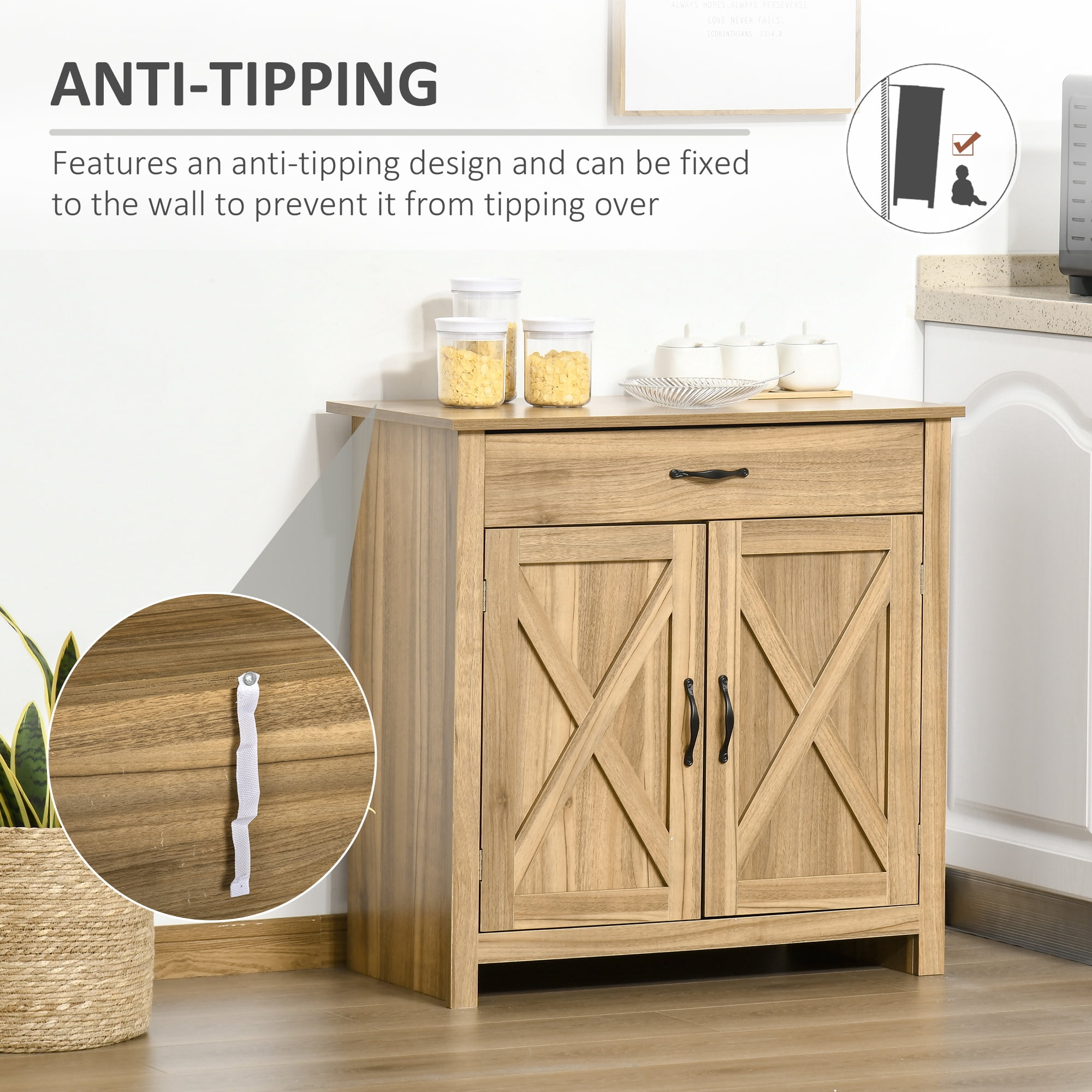 HOQBN Farmhouse Sideboard Cabinet with Barn Doors Kitchen Buffet Cabinet with Drawer and Adjustable Shelf Natural