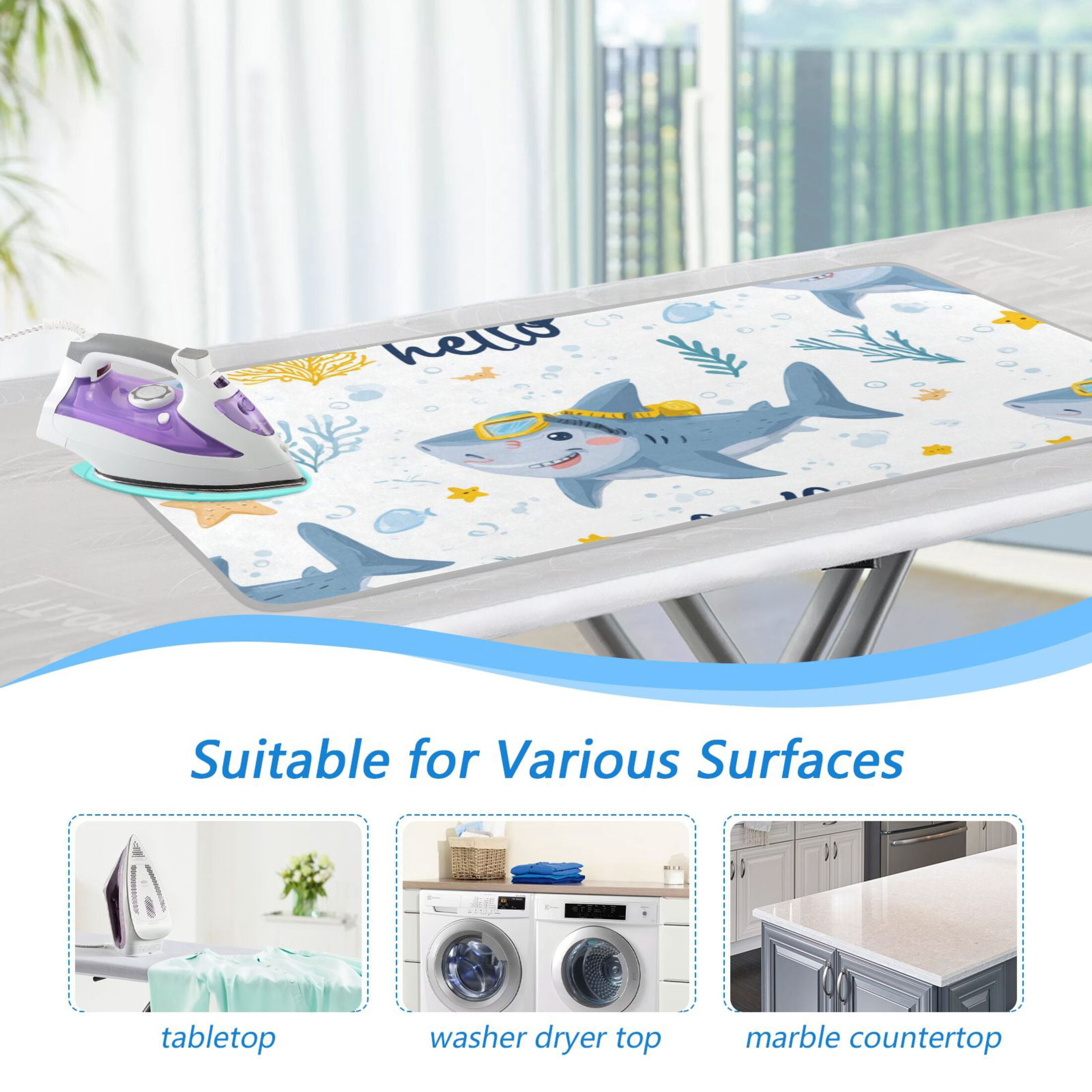 Cute Cartoon Sharks Diving Ironing Mat Blanket Portable Travel Ironing Pad Heat Resistant Pad 47.2" x 27.6”