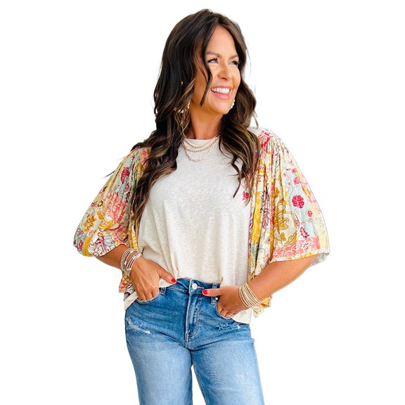 Women's Beige Floral Patchwork Half Batwing Sleeve Blouse - Bohemian Style | [ZhiHiMeRi] | (US 12-14)L