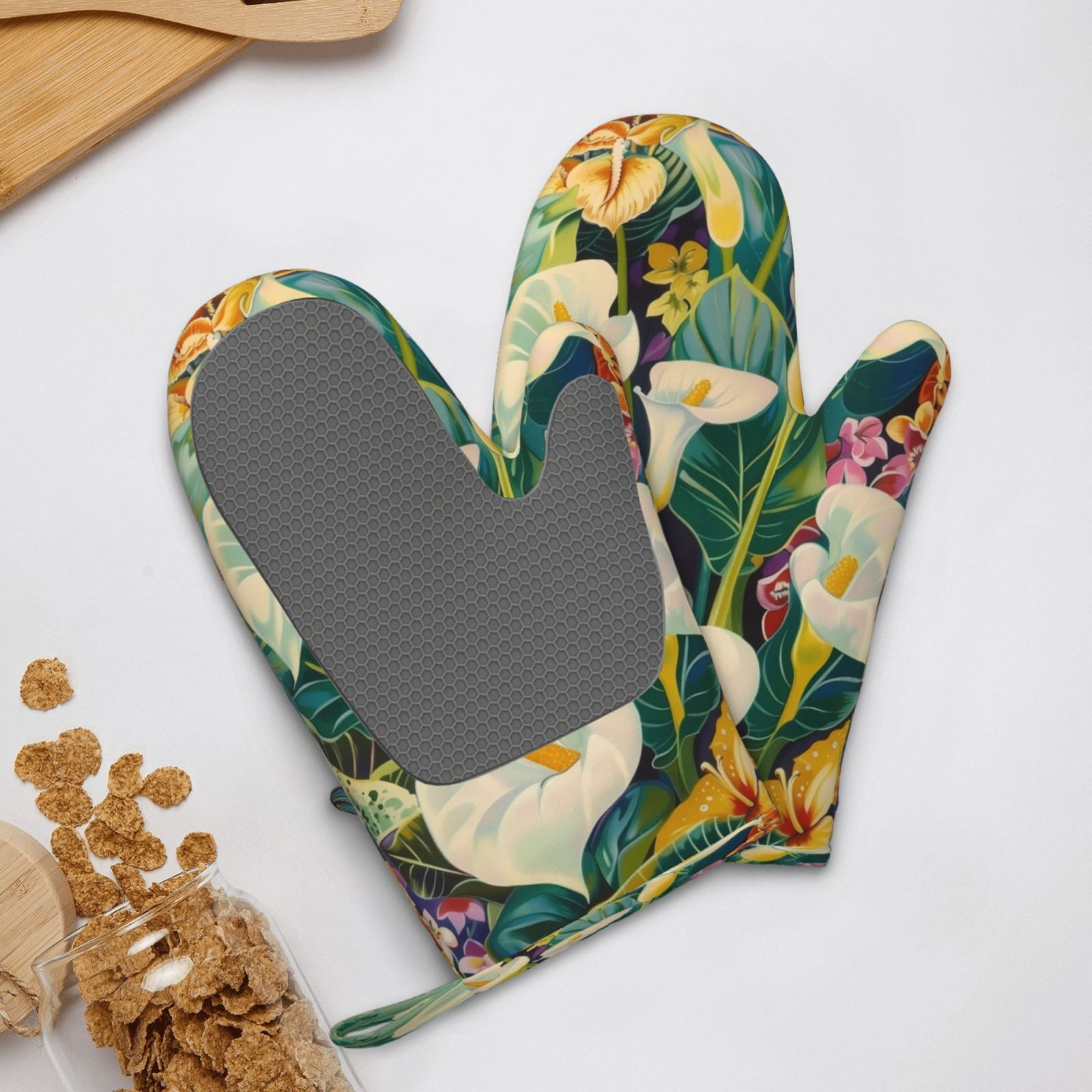 Hirioo Tropical Floral Jungle for Silicone Oven Mitts for BBQ, Baking, Cooking, Set of 2, Heat Resistant 260℃, Non-Slip Kitchen Essentials