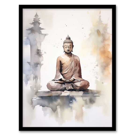 Buddha Vihara Meditation Prayer Soft Neutral Watercolour Painting Art Print Framed Poster Wall Decor 12x16 inch