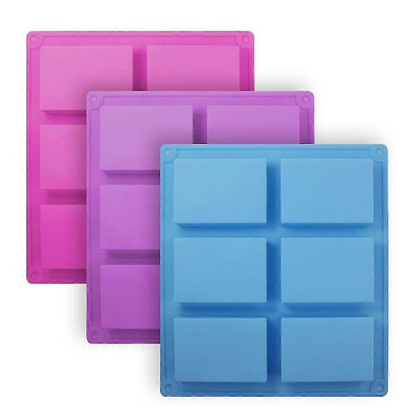 3 Pcs Rectangle Silicone Molds, 6-cavity Cake Baking Pans, Biscuit Chocolate Ice Cube Soap Trays - Pink, Blue, Purple