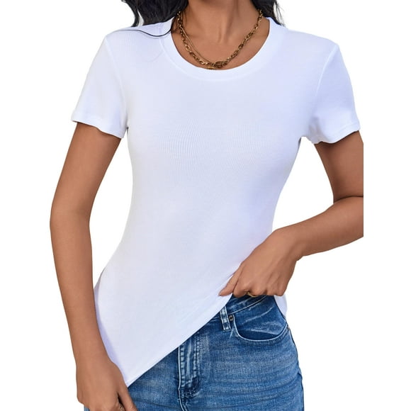 Tops ACANI básicos acanalados de manga corta para mujer, color blanco, talla XL