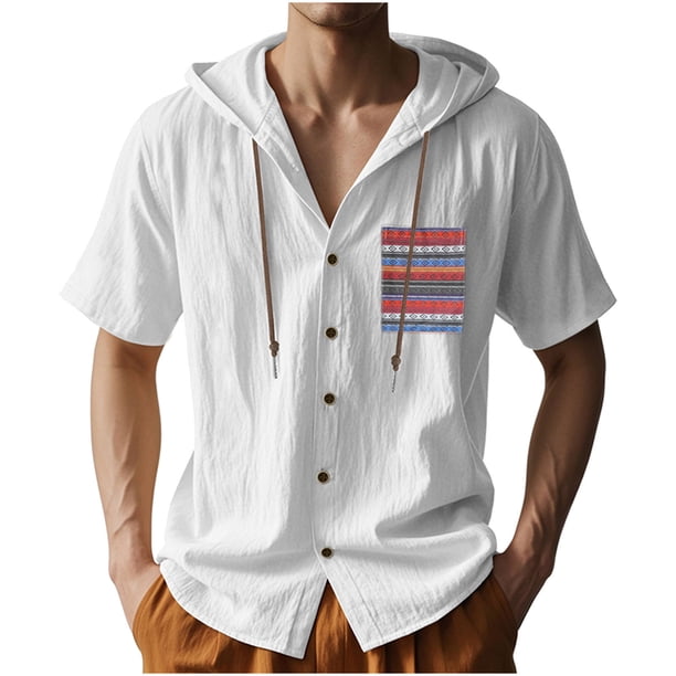 Camisa de Manga Corta de los Hombres con Capucha de Cárdigan Impresa con Botón con Bolsillos Top Casual para Primavera Verano