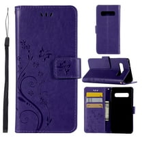 S10 Plus Case, Samsung Galaxy S10 Plus Case - Allytech Premium Wallet PU Leather with Fashion Embossed Flower Magnetic Clasp Card Holders Flip Cover with Hand Strap, Purple