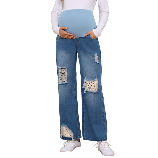 Jeans de maternidad desgastados y rasgados para mujeres, inspirados en el Día de la Madre, con parches de encaje y soporte sobre el vientre, pantalones de mezclilla para el embarazo, color azul.
